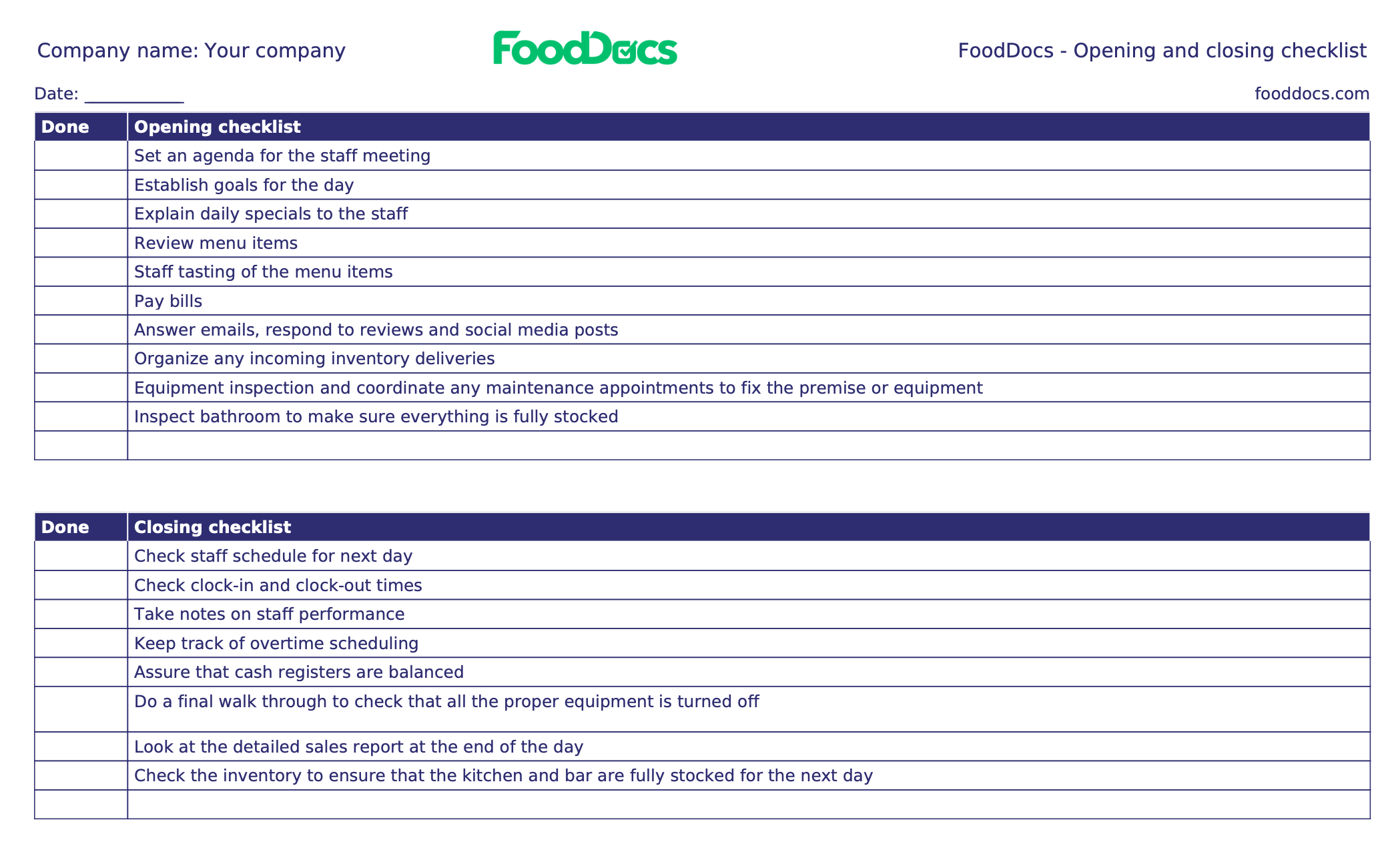 Opening And Closing Checklist | Download Free Template